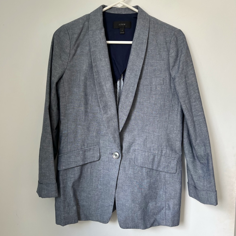 Blue lined linen blazer with faux pockets and single button by J. Crew.